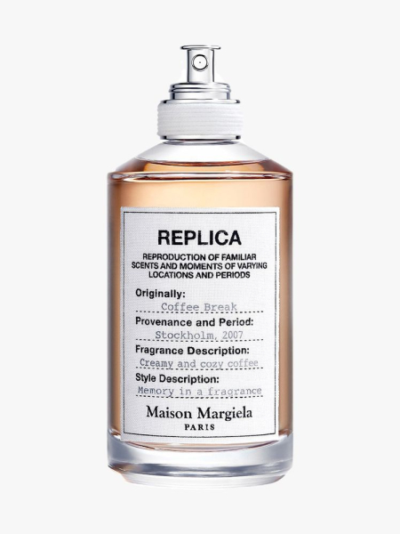 Maison Margiela Replica Coffee Break Eau de Toilette bottle of light brown perfume on light gray background