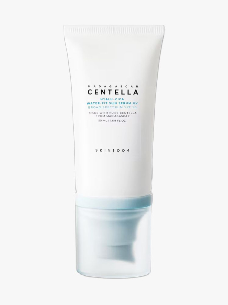 Skin1004 Madagascar Centella Hyalu-Cica Water-Fit Sun Serum UV SPF 50 in branded tube component on a light gray background
