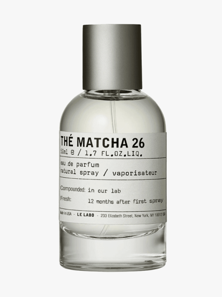 Le Labo Thé Matcha 26 Eau de Parfum in clear bottle with silver cap
